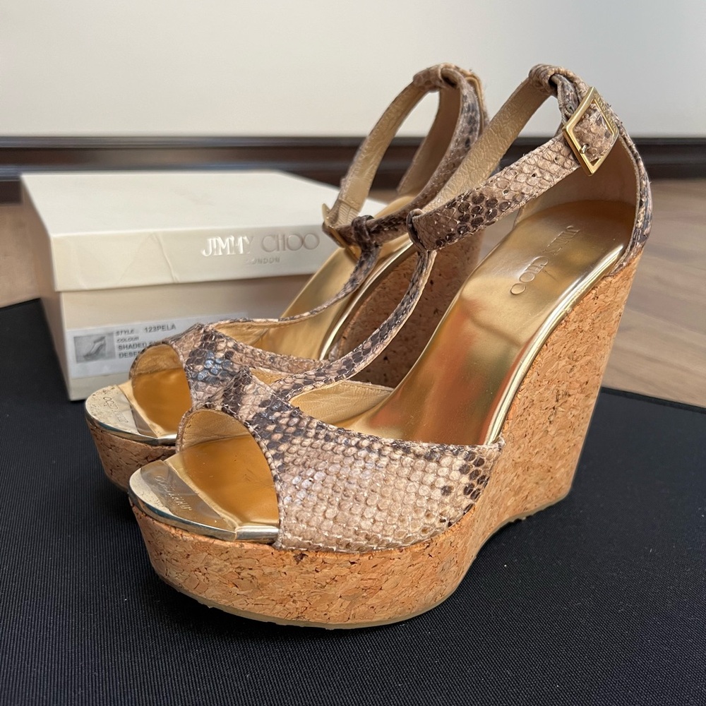 Jimmy Choo snakeskin and gold wedge. Size 38.